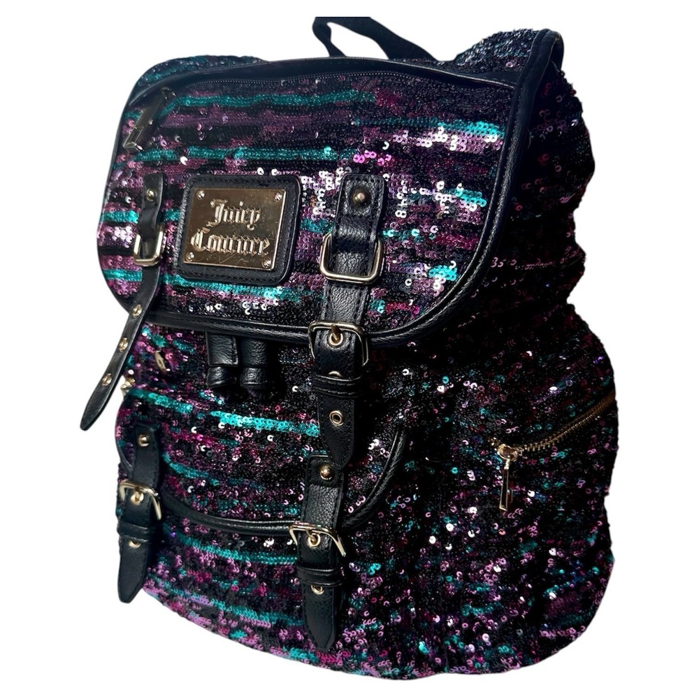 Juicy Couture Black‎ Purple Sequin Backpack Hot Pink Lining Girls *flaw
